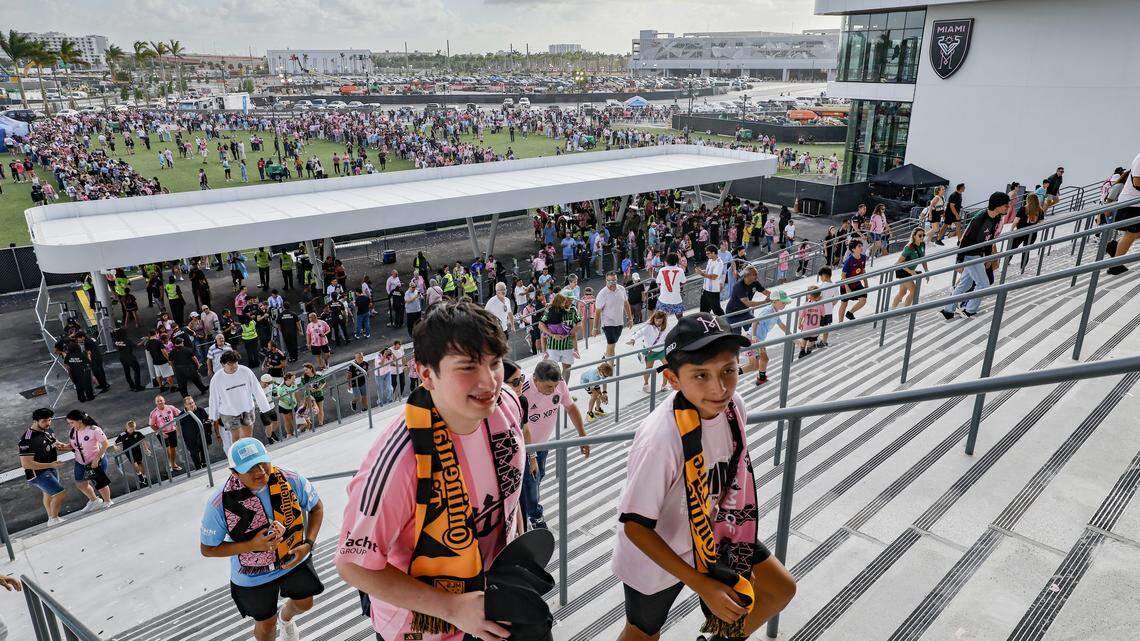 Fans arrive to watch the MLS soccer match between Inter Miami CF and Austin FC at Nu Stadium in Miami Freedom Park on April 4, 2026, in Miami. Fans arrive to watch the MLS soccer match between Inter Miami CF and Austin FC at Nu Stadium in Miami Freedom Park on April 4, 2026, in Miami.